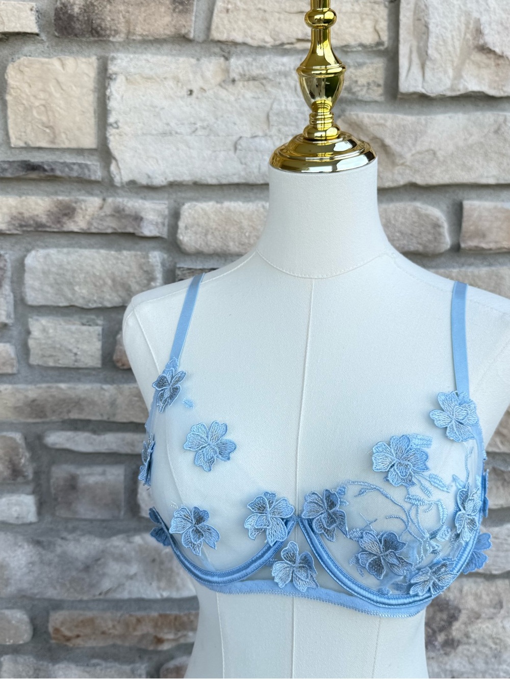 Sheer Floral Embroidered Bra - Light Blue